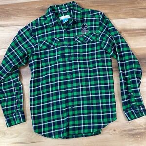 Columbia Flannel Shirt Mens Small Notre Dame Fighting Irish Plaid Green Navy